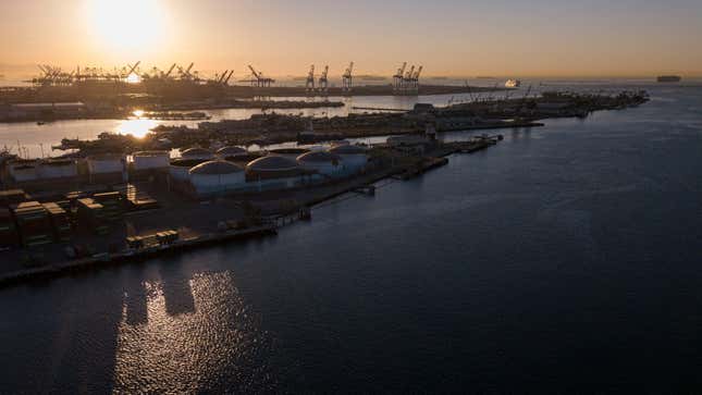 An aerial image taken on October 15, 2021 shows cargo shipping containers at the Port of Los Angeles in San Pedro, California.