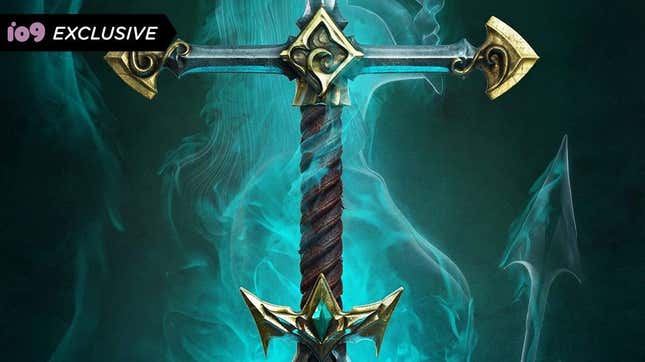 Part of a jeweled sword against a swirl of blue-green smoke.