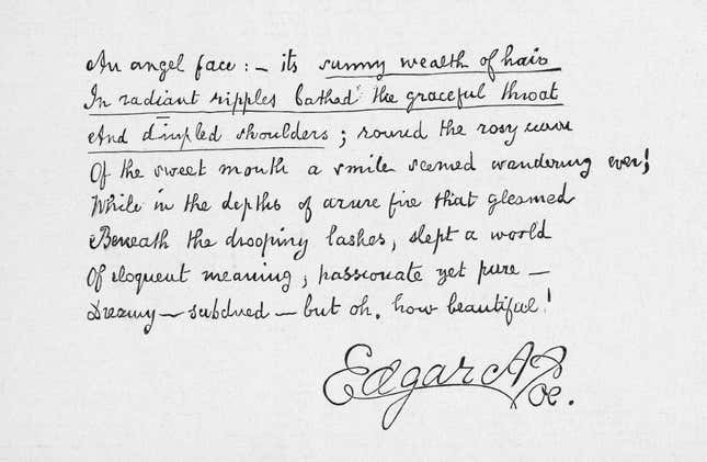 Handwritten text of 'The Angel Face,' a short verse by writer Edgar Allan Poe.