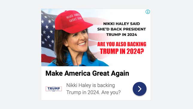 A ad featuring Nikki Haley, falsely stating she's supporting former President Trump in 2024
