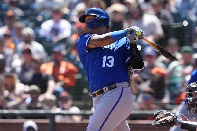 Apr 9, 2023; San Francisco, California, USA; Kansas City Royals designated hitter Salvador Perez (13) hits an RBI single against the San Francisco Giants during the fourth inning at Oracle Park.