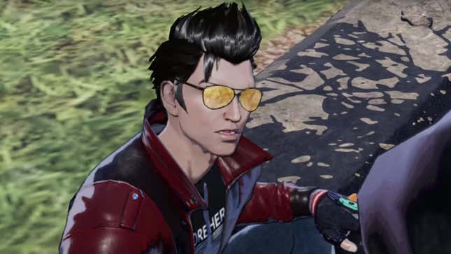 Travis Touchdown sits on the ground and looks up at Takashi Miike. 
