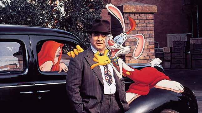 Bob Hoskins as Eddie Valiant with Roger and Jessica Rabbit in Who Framed Roger Rabbit?