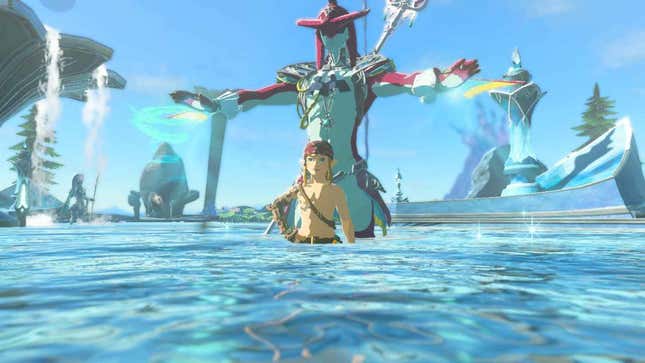 Link and Sidon are seen vibing in a pool.