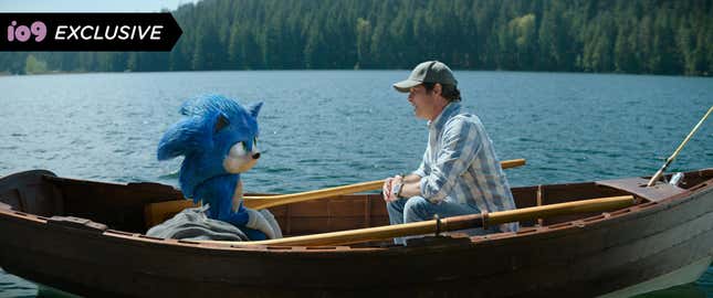 Sonic and Tom (James Marsden) sit in a rowboat.