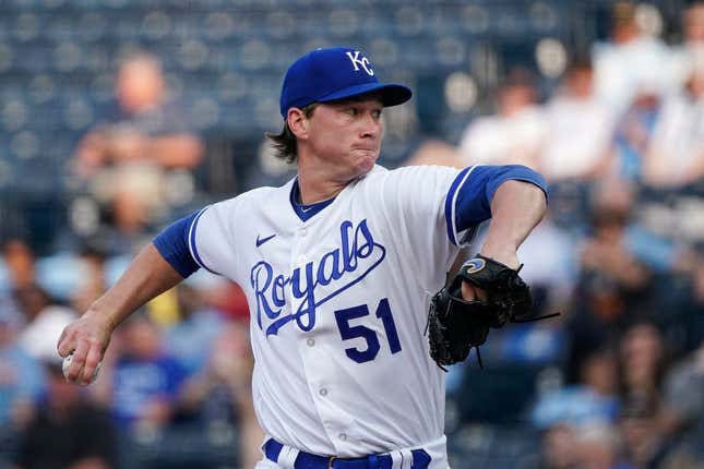 May 22, 2023; Kansas City, Missouri, USA; Kansas City Royals starting pitcher Brady Singer (51) delivers a pitch against the Detroit Tigers in the first inning at Kauffman Stadium.