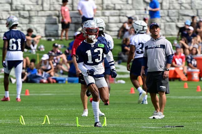 Jul 27, 2023; Foxborough, MA, USA; New England Patriots cornerback Jack Jones (13) sprints during training camp at Gillette Stadium.