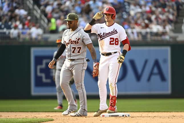 May 20, 2023; Washington, District of Columbia, USA; Washington Nationals right fielder Lane Thomas (28) reacts after hitting a double against the Detroit Tigers during the eighth inning at Nationals Park.