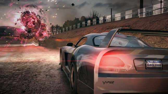 Screenshot of a Dodge Viper GTS-R Concept firing a weapon at an opponent in Blur.