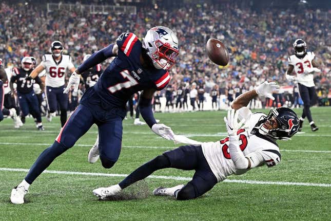 Aug 10, 2023; Foxborough, Massachusetts, USA; Houston Texans wide receiver Tank Dell (13) makes a catch for a touchdown against New England Patriots cornerback Isaiah Bolden (7) during the first half at Gillette Stadium.