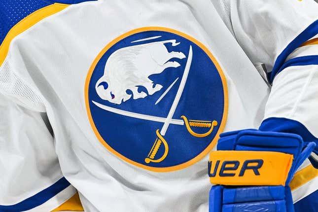 Nov 22, 2022; Montreal, Quebec, CAN; View of a Buffalo Sabres logo on a jersey worn by a member of the team during warm-up before the game against the Montreal Canadiens at Bell Centre.
