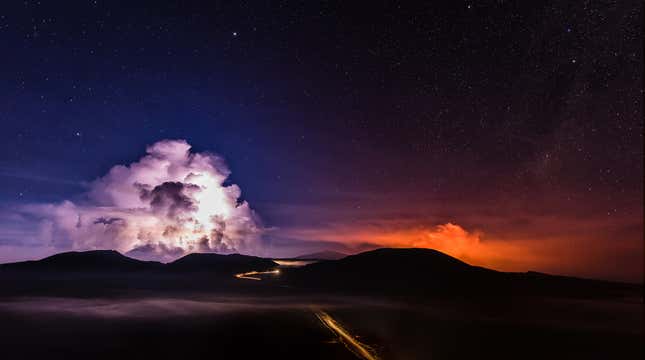 A long exposure shows molten lava flowing from the Piton de la Fournaise, one of the world's most active volcanoes, on the French island Reunion Island in the Indian Ocean, February 3, 2017. Picture taken February 3, 2017.