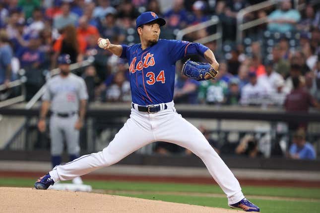 Aug 7, 2023; New York City, New York, USA; New York Mets starting pitcher Kodai Senga (34) delivers a pitch during the first inning against the Chicago Cubs at Citi Field.