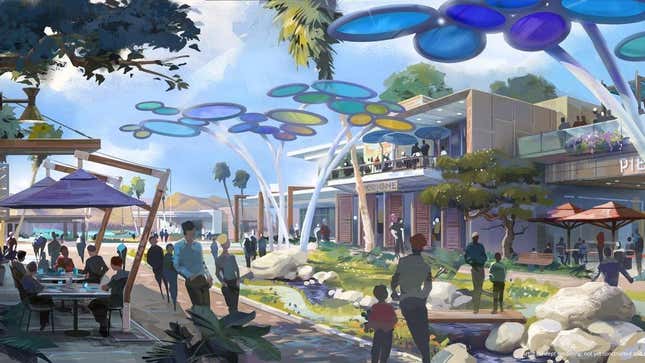 Concept art of people walking around a very Disney-themed outdoor shopping area.