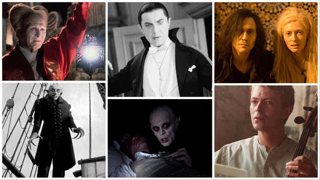 Clockwise from top left: Bram Stoker’s Dracula (Sony), Dracula (Universal), Only Lovers Left Alive (Sony), The Hunger (MGM/UA), Nosferatu The Vampyre (Shout Factory), Nosferatu (Kino Lorber)