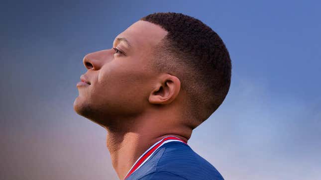 A tired Kylian Mbappé from FIFA 2022 looks toward the horizon. 