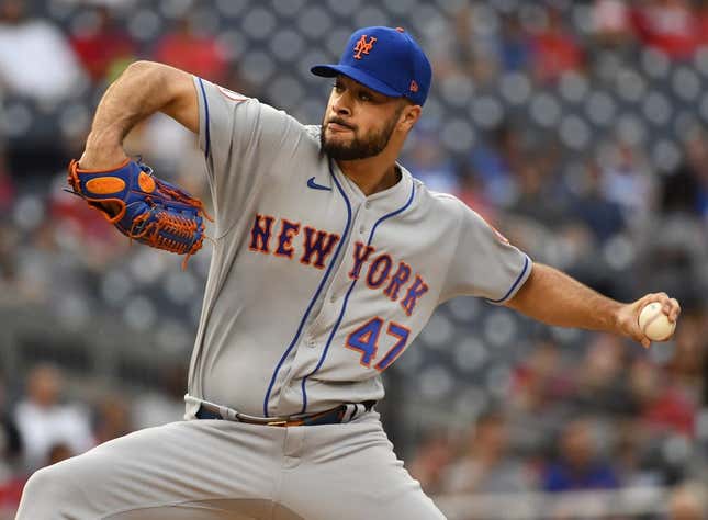 Jun 18, 2021; Washington, District of Columbia, USA; New York Mets starting pitcher Joey Lucchesi (47) throws to the Washington Nationals during the first inning at Nationals Park.
