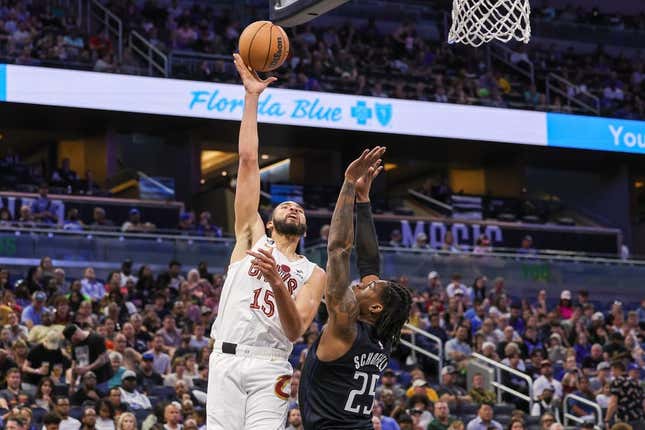 Apr 6, 2023; Orlando, Florida, USA; Cleveland Cavaliers forward Isaiah Mobley (15) shoots the ball over Orlando Magic forward Admiral Schofield (25) during the second quarter at Amway Center.