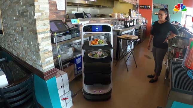 A Matradee robot serving customers at Sugar Mediterranean Bistro in Stockton, California