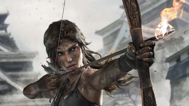 An image of Lara Croft looking stern, preparing to shoot a fire arrow at something somewhere.