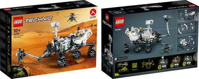 La parte delantera y trasera del embalaje del modelo Lego Mars Rover Perseverance.