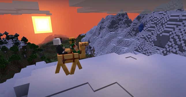 A camel walks across a snowy mountain in Minecraft.
