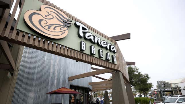 A sign is posted on the exterior of a Panera Bread restaurant on November 09, 2021 in Novato, California. After going private in 2017 when JAB Holding bought the company for $7.5 billion,