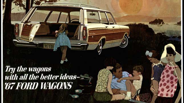 Ford 1967 Brochure featuring the Fairlane and Falcon station wagons.The image shows a white and wood trim Fairlane station wagon. A little girl in a blue dress leans into the back and looks around. Two children sit on the ground with a man and a woman holds a child in the foreground. 