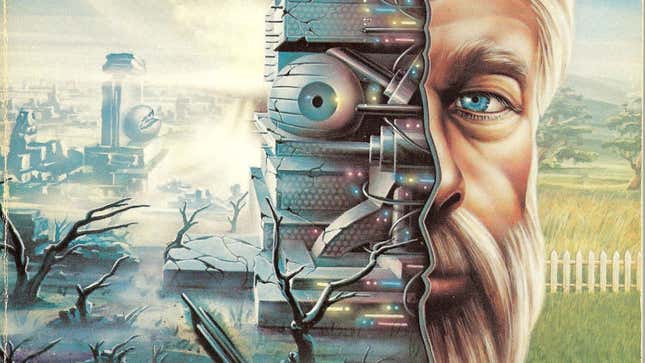 Philip K. Dick, half of his face revealed as a cyborg, with a sci-fi city and quiet field on either side.