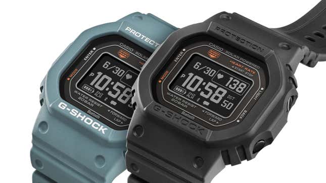 The Casio G-Shock DWH5600 pictured successful  its bluish  and achromatic  colorways against a achromatic  background.