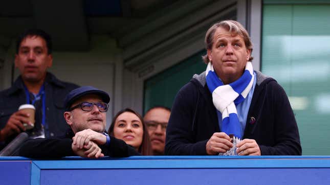 Chelsea owner Todd Boehly (r.) looks on prior to the Premier League match between Chelsea FC and Manchester United at Stamford Bridge on Oct. 22, 2022, in London