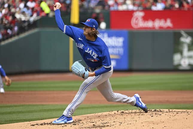 Apr 1, 2023; St. Louis, Missouri, USA; Toronto Blue Jays starting pitcher Kevin Gausman (34) pitches against the St. Louis Cardinals in the first inning at Busch Stadium.
