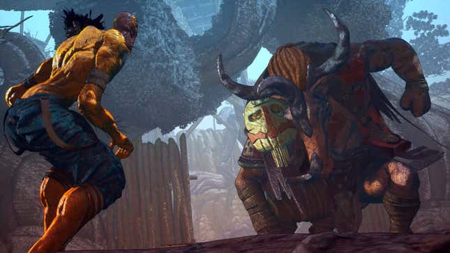 A Clash: Artifacts of Chaos's protagonist, Pseudo, faces off against some vile creatures during his journey, including this gigantic boar-looking beast.