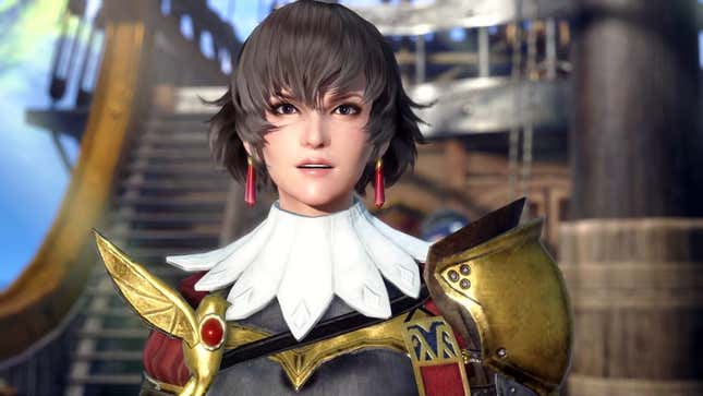 A woman wearing ornate armor stands aboard a ship in a Monster Hunter Rise cinematic.