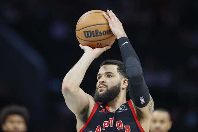 Apr 4, 2023; Charlotte, North Carolina, USA; Toronto Raptors guard Fred VanVleet (23) shoots a free throw after the Charlotte Hornets were assessed a technical during the first half at Spectrum Center.