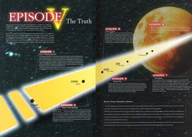 Pages from a book show a timeline in glowing yellow with six points marked on it, each one associated with a different paragraph of text summarizing the history and details of that point in time. In the distance, an orange-hued planet or moon is visible.