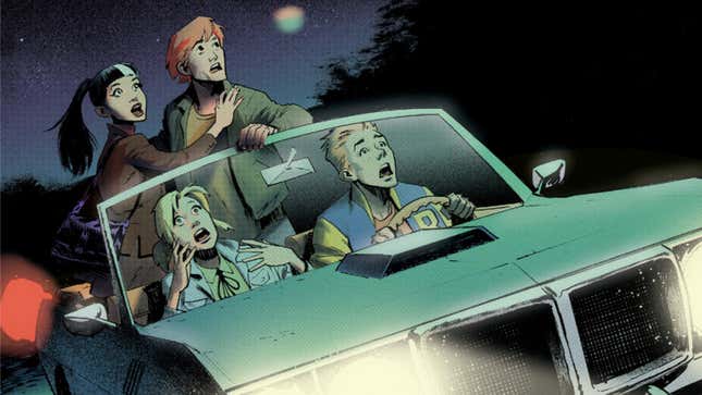 Archie, Betty, and their pals look up in shock at a UFO while driving down a lonely highway at night.