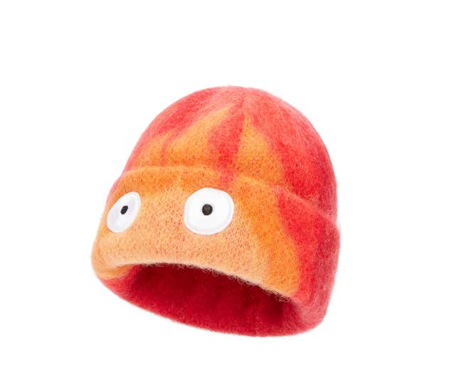 A screenshot of a red-and-orange beanie with two eyes in the front.
