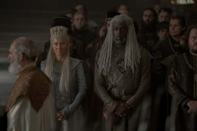 Eve Best as Princess Rhaenys Targaryen and Steve Toussaint as Lord Corlys Velaryon in HBO’s House of the Dragon.