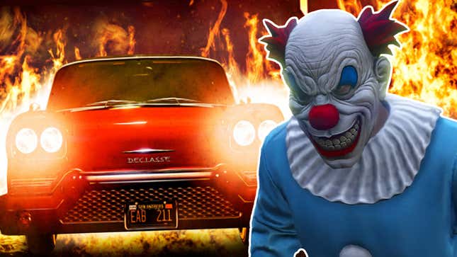 A creepy clown from GTA Online stands in front of a ghost car from the Halloween update.