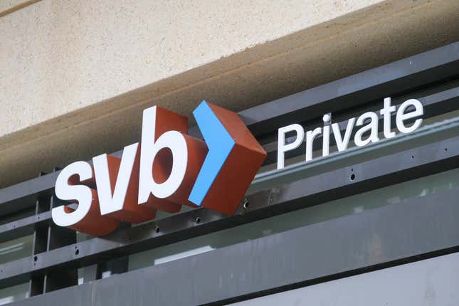 A sign of Silicon Valley Bank (SVB) in Pasadena, California, Monday, March 13, 2023. Signature Bank and Silicon Valley Bank shut down over the weekend. The collapse of Silicon Valley Bank was the second-largest bank failure in U.S. history.