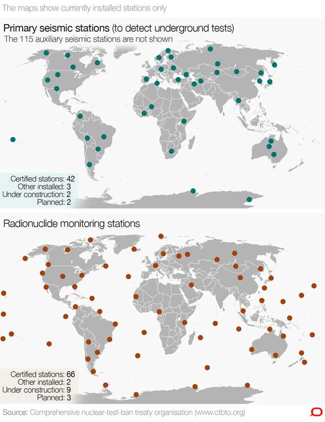 Global network of seismic and radionuclide monitoring stations. (Source: CTBTO / The Conversation, CC BY-ND)
