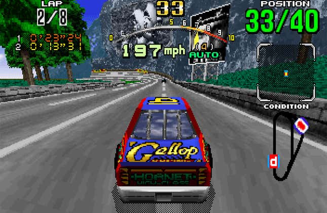 The first home version of Daytona USA released a little more than a year after the arcade original, in tandem with the Sega Saturn’s U.S. launch in May 1995. It ran at about a third of the framerate of its arcade counterpart, with a significantly reduced rendering distance and heavy display borders (which you’d see on a TV, but I’ve cropped out here) to save on resources.