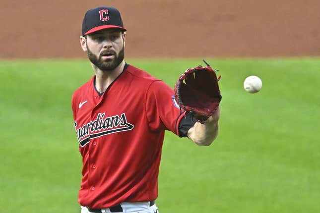 Sep 4, 2023; Cleveland, Ohio, USA; Cleveland Guardians starting pitcher Lucas Giolito (27) reacts after giving up a bases loaded walk in the second inning against the Minnesota Twins at Progressive Field.