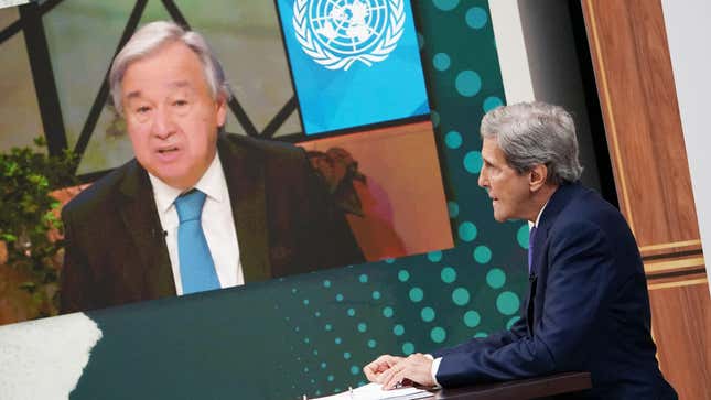 Secretary-General António Guterres (left) virtually addressing the Major Economies Forum on Energy and Climate