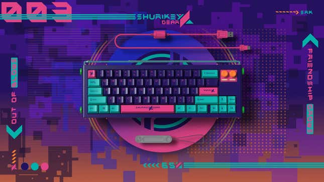 An image of the purple, pink, and teal Shurikey Hanzo Arcade Game keyboard.