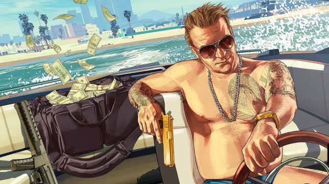 A rich guy takes off in a boat with a bag of cash in GTA V.