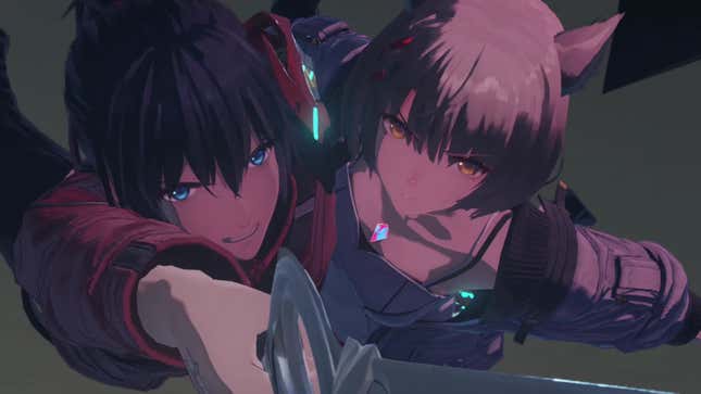 A young man and a young woman look up at the camera while the man brandishes a blade.