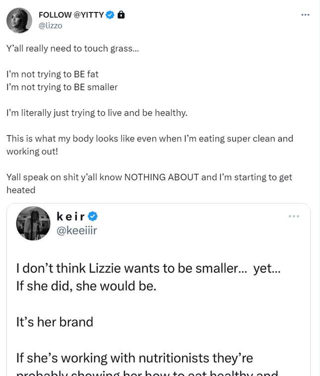 Image for article titled Lizzo Goes Off on Body-Shamers and Twitter Trolls: 'Y'all Really Need to Touch Grass'