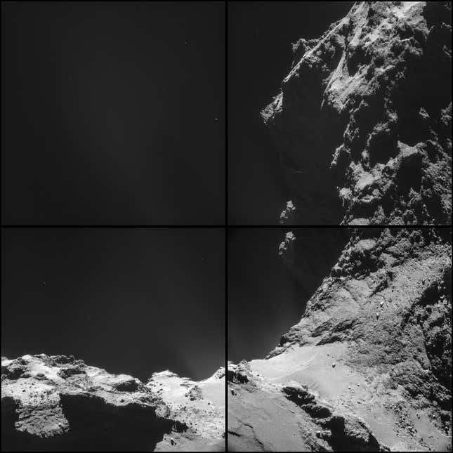 This montage was captured about 10 km away from the comet’s center.